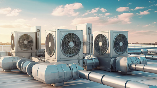 强冷空气背景图片_建筑物顶部空调系统的 3D 插图，配有通风机空调和管道