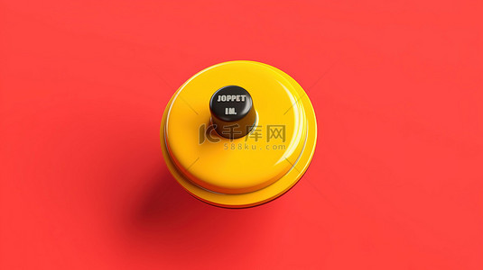 黄色背景上按下红色按钮的卡通手的 3D 渲染