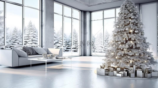 寒假生活寒假生活背景图片_现代明亮的公寓客厅装饰着圣诞树 3D 渲染插图