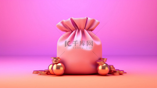 钱袋子箭头背景图片_粉红色背景上钱袋子的财富 3D 插图的图标