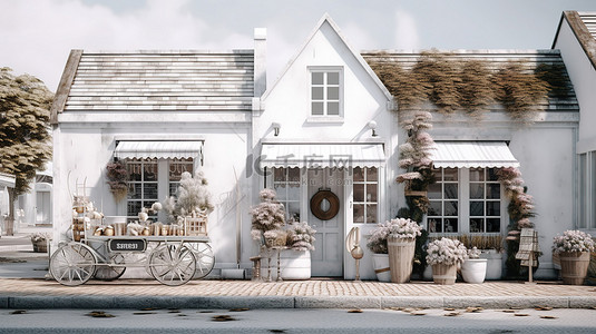 一个迷人的乡村商店的 3D 插图，有白色的门面