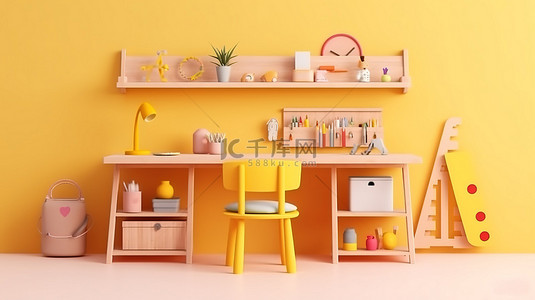 充满活力的儿童房设计，配有学习桌文具架和玩具，搭配 3D 渲染的欢快黄色柔和墙壁