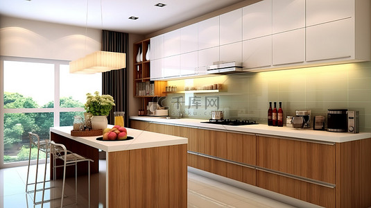 白色窗户背景图片_以 3D 渲染的现代风格厨房内饰