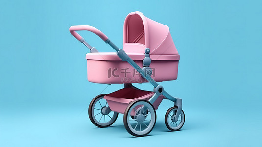 蓝色背景 3D 渲染上时尚的粉色婴儿车婴儿车模型