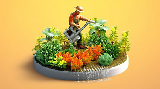 园丁使用软管给植物浇水的 3D 渲染插图