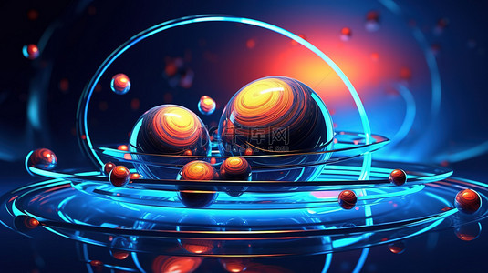 科幻朋克背景图片_墙上有漂浮球体和霓虹灯环的超现实科幻景观的 3D 插图