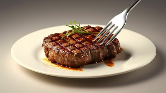 肉类食品背景图片_3D 渲染的叉子堆满了美味的牛排