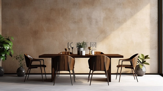 质朴的餐厅场景，木桌和椅子靠在混凝土墙上