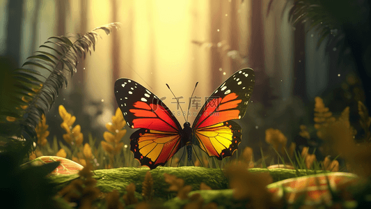 森林植物叶子彩色蝴蝶卡通广告背景