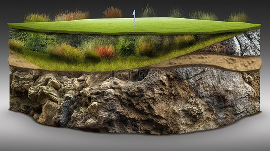 地质背景图片_高尔夫球场土壤地质横截面的 3d 插图