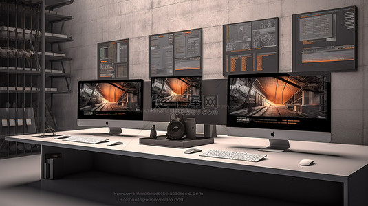 响应式网站设计在工业办公室与设备的 3d 渲染中说明