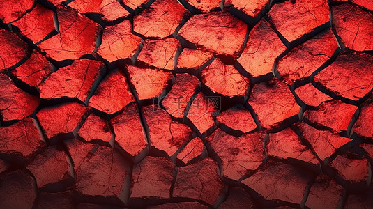 火山喷发后红色裂纹地面纹理的 3d 渲染