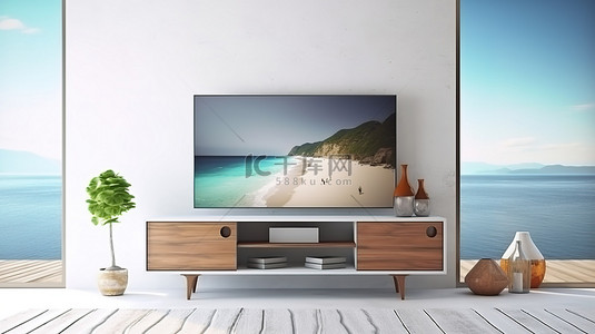 背景地板背景图片_电视屏幕的 3D 渲染，具有令人惊叹的海滨景观，配有白色地板和木柜