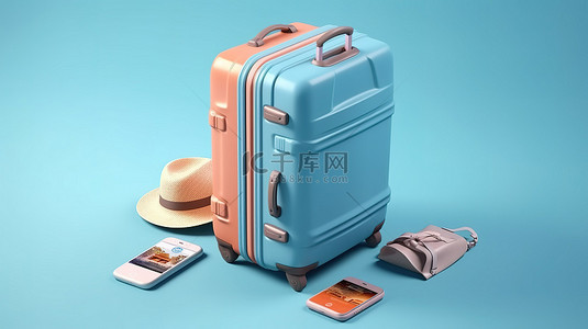 移动就绪行李箱蓝色背景下旅行者必需品的 3D 渲染
