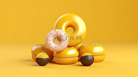 黄色空间创意场景中甜甜圈的等距 3D 渲染，非常适合餐厅面包店和食品配送概念