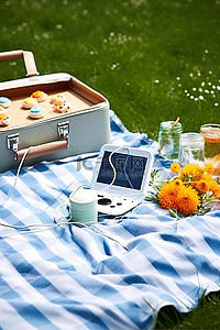 高端手机背景图片_在公园里野餐，带着蓝色野餐篮里的野餐篮