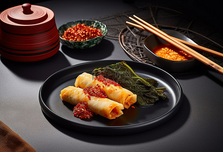 筷子背景图片_两片泡菜包在叶子里，放在筷子旁边的盘子里