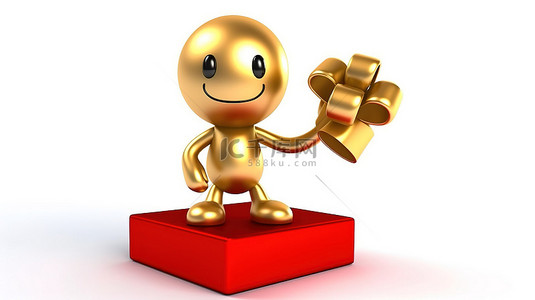 红色奖杯背景图片_白色背景上拿着金奖奖杯红丝带和礼品盒的人物吉祥物的 3D 渲染