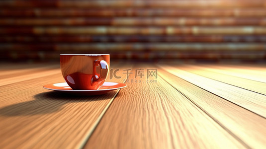 拿铁茶背景图片_3d 渲染的咖啡杯放在木地板上
