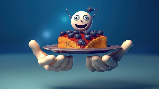 厨师卡通手拿着芝士蛋糕的 3D 渲染，上面放着蓝莓，盘子上有一颗心