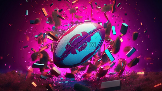 球碰撞背景图片_霓虹灯 3D 插图中破碎的橄榄球