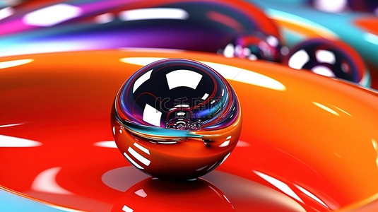 在抽象圆圈中自由漂浮的光滑几何球的 3D 插图