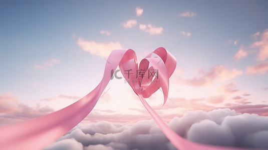 天空边界的爱粉红色飞机与 3D 渲染中的心丝带一起翱翔