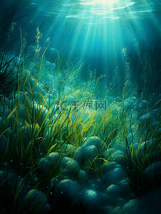 蓝色水下世界背景图片_珊瑚植物海底世界光线摄影广告背景