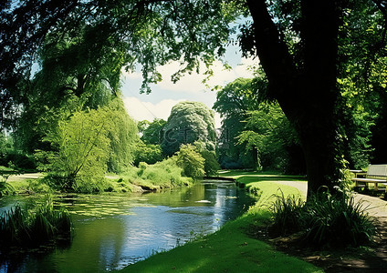 草地小湖背景图片_一条穿过公园的水道，有树木和小长凳