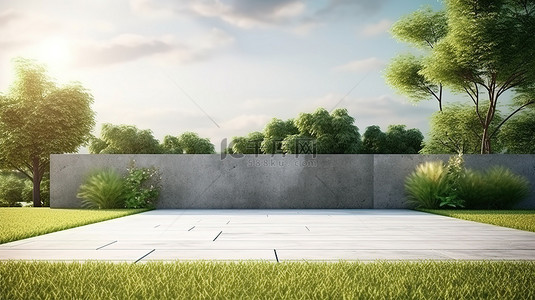 景观背景环绕草地中的 3D 渲染空白混凝土墙