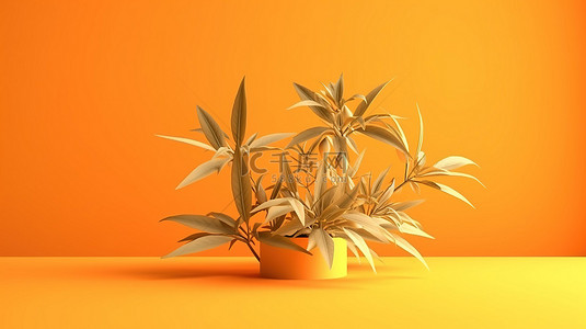 充满活力的橙色背景上的单色 3D 渲染植物