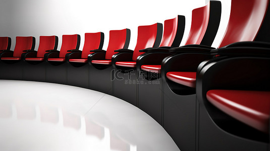 商务会议红色背景图片_白色背景 3D 渲染上一圈黑色办公椅中的红色木质演讲论坛