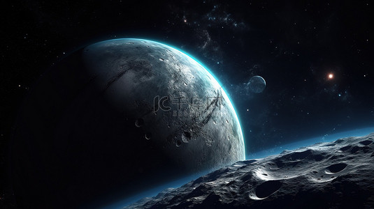 未来派 3D 背景，具有虚构的月亮和行星