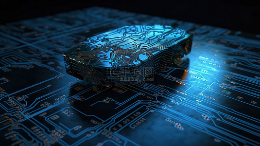 蓝色大脑科技背景图片_发光的 3d 电路渲染图像中的蓝色大脑
