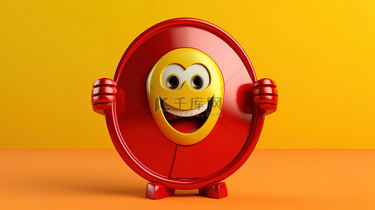 人寿保险背景图片_黄色背景的 3D 渲染，带有红色金属盾字符吉祥物和救生圈