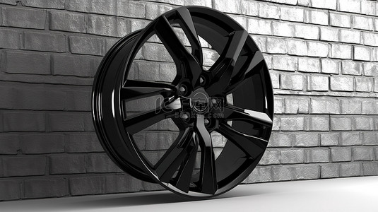 赛车背景图片_3D 渲染插图优雅的黑色轮盘，白墙上有粉末涂层