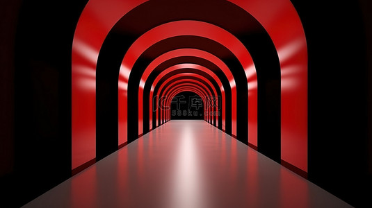 黑色走廊，带拱形走道和 3D 渲染中的红地毯