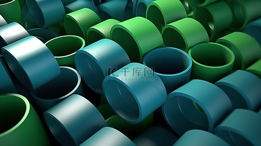 灰色背景上蓝色和绿色圆柱体的特写抽象 3D 渲染