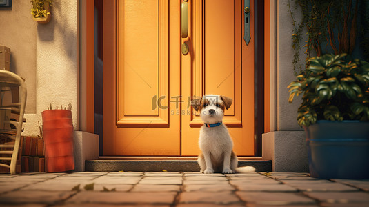 扁平斑点狗背景图片_一只忠诚的狗在前门等待的 3d 渲染