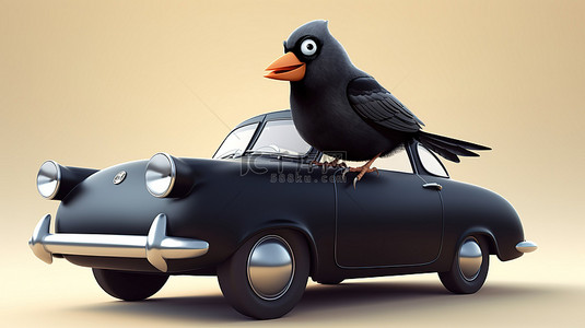 五一车展手举牌背景图片_一只滑稽的黑鸟在汽车中进行 3D 巡航