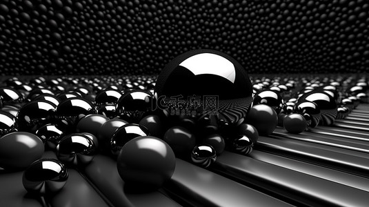 抽象黑球背景，3D 渲染中墙板上掉落的金属球