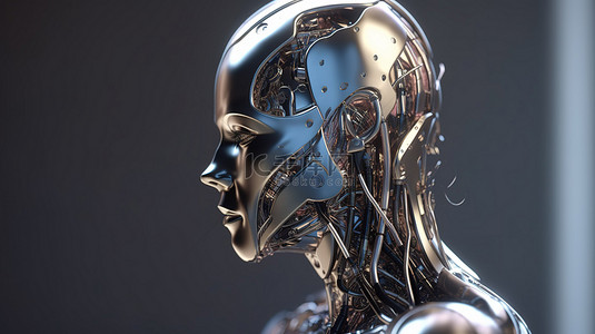3D 渲染的时尚金属女性机器人的侧视图