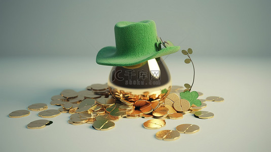 带一罐金币的圣帕特里克节帽子的 3D 渲染