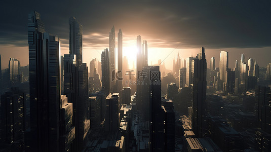 物联网科技线背景图片_阳光明媚的未来城市景观 3d 渲染与明暗轮廓的鲜明对比