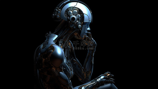 女性思考背景图片_女性机器人或机器人在黑暗背景下进行 3D 思考