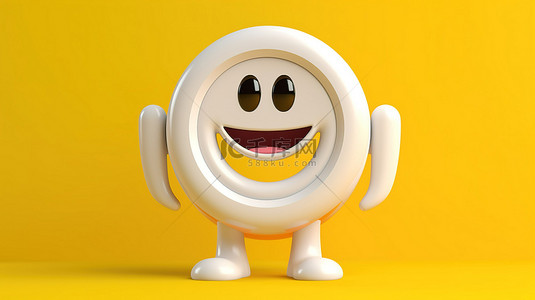 白色洗衣机吉祥物的 3D 渲染，带有活力黄色背景的救生圈