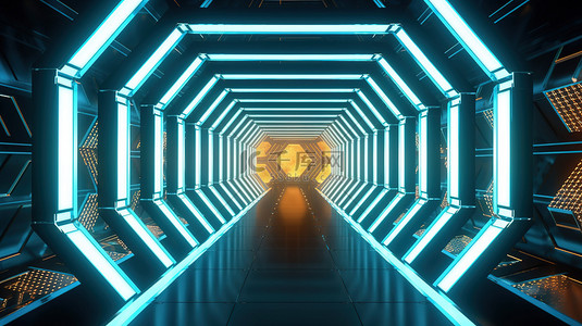 背景科技主图背景图片_霓虹灯中的未来六角形隧道先进技术的现代 3D 插图