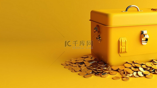 金融背景黄色背景图片_安全存款箱用硬币锁在黄色背景银行保护旁边，并有文本 3D 效果图的空间
