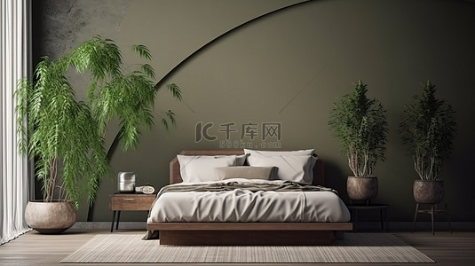 日本主题卧室，配有禅宗风格的床和 3D 渲染的绿化室内模型