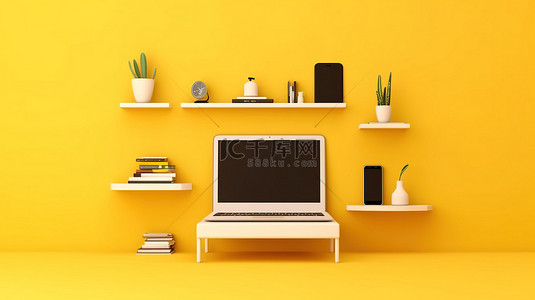 水平视图中黄色墙架上显示的数字设备笔记本电脑手机和平板电脑的 3D 插图